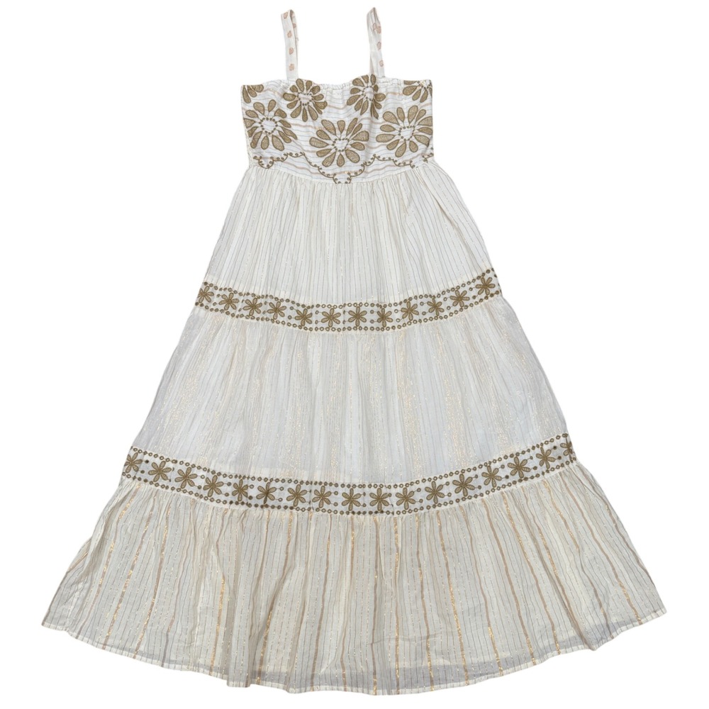 Dress Naoo Floral Embroidered Cotton Tiered Maxi Dress Large L‎ Cream Boho Beach